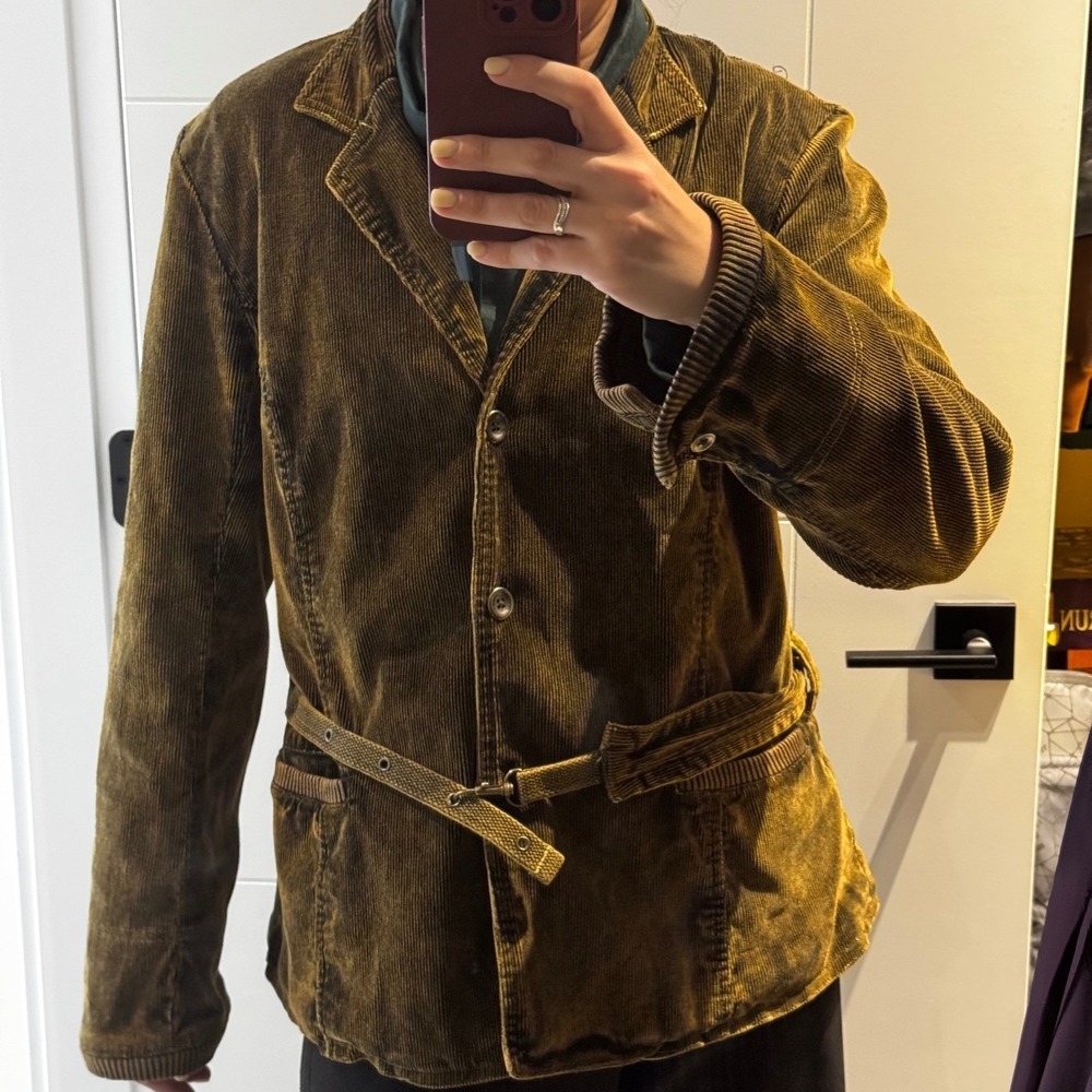 Vintage Y2K Corduroy Jacket Belted Fleece Warm Olive L Academia Steampunk Grunge - Picture 15 of 16
